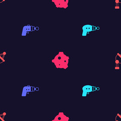 Set Ray gun, , Asteroid and Satellite dish on seamless pattern. Vector