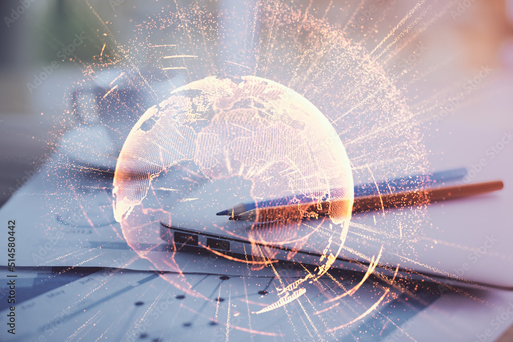 Poster computer on desktop with social network hologram. double exposure. concept of international people c