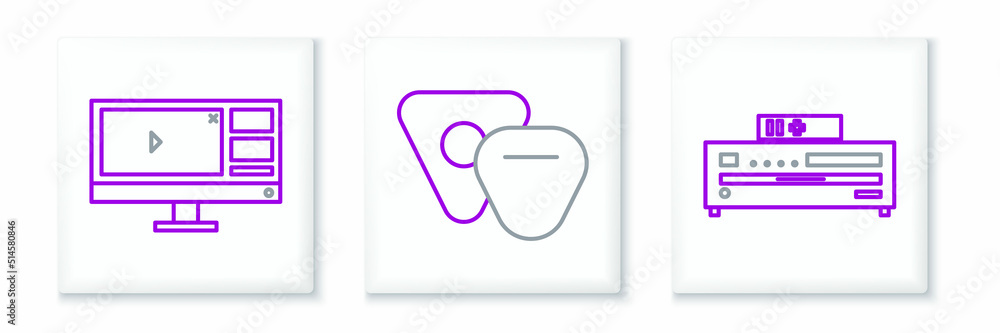 Poster set line music cd player, video recorder or editor software on monitor and guitar pick icon. vector