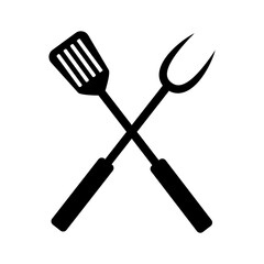 BBQ or grill tools icon. Meat fork with spatula logo. Crossed barbecue fork with spatula. Black simple silhouette. Symbol Template Logo. Vector illustration flat design.