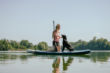 Woman teaching her labrador retriever to be comfortable on a sup board
