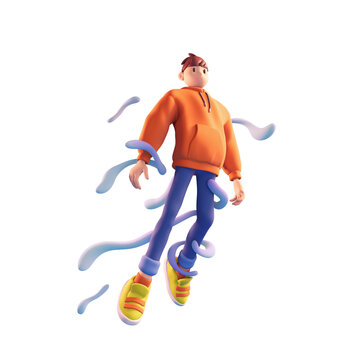 Tall cute brunette boy in casual fashion clothes orange hoodie blue pants in floating pose in space in harmony with himself, mental body health, shape bubbles fly. 3d render isolated on white backdrop