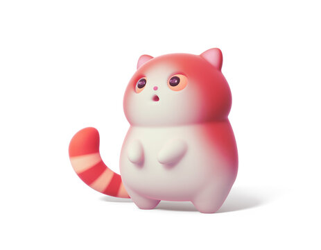 Surprised little kawaii red cat with open mouth and big orange eyes stands on its hind legs. Cartoon fluffy funny cute fat cat with white belly and a striped tail. 3d render isolated on white backdrop