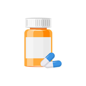 Pill bottle icon in flat style. Medical capsules vector illustration on white isolated background. Pharmacy sign business concept.