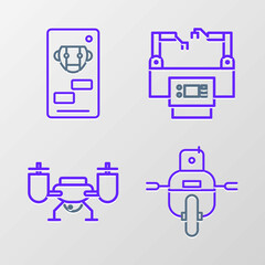 Set line Robot, Drone flying with action camera, Assembly line and Bot icon. Vector