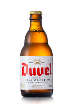 LONDON,UK - MAY 29, 2022: Duvel Belgian strong blond beer on white background.