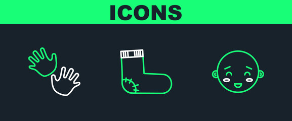 Set line Happy little boy head, Baby hands print and socks clothes icon. Vector