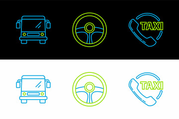 Set line Taxi call telephone service, Bus and Steering wheel icon. Vector