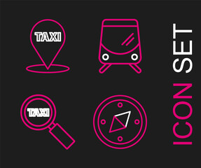 Set line Compass, Magnifying glass and taxi car, Tram railway and Map pointer with icon. Vector