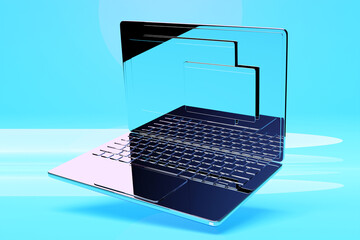 3D  illustration of a  silver  laptop with an information search bar on a   blue   background. The concept of communication