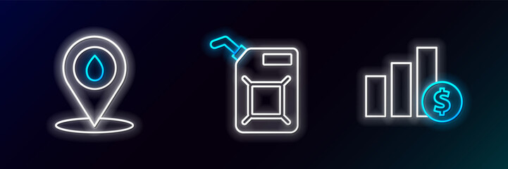 Set line Pie chart infographic and dollar, Refill petrol fuel location and Canister for gasoline icon. Glowing neon. Vector