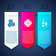 Set Casino chip with dollar, chips and Champagne bottle glass. Business infographic template. Vector