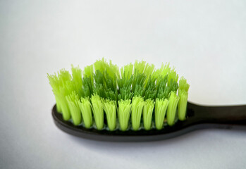 Green toothbrush bristles close up in macro - obrazy, fototapety, plakaty