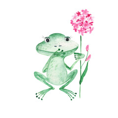 Baby frog with pink flower isolated on white background. Watercolor hand drawn illustration.