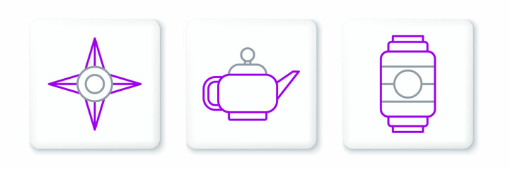 Obraz premium Set line Japanese paper lantern, ninja shuriken and tea ceremony icon. Vector
