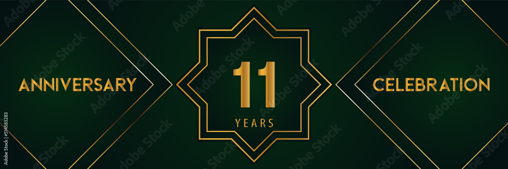 Wall mural 11 years anniversary celebration with gold number isolated on a dark green background. Premium design for marriage, graduation, birthday, brochure, poster, banner, and ceremony. Anniversary logo. - Wall murals