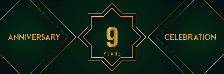 9 years anniversary celebration with gold number isolated on a dark green background. Premium design for marriage, graduation, birthday, brochure, poster, banner, and ceremony. Anniversary logo.