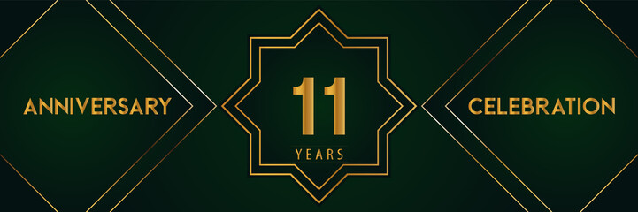 11 years anniversary celebration with gold number isolated on a dark green background. Premium design for marriage, graduation, birthday, brochure, poster, banner, and ceremony. Anniversary logo.
