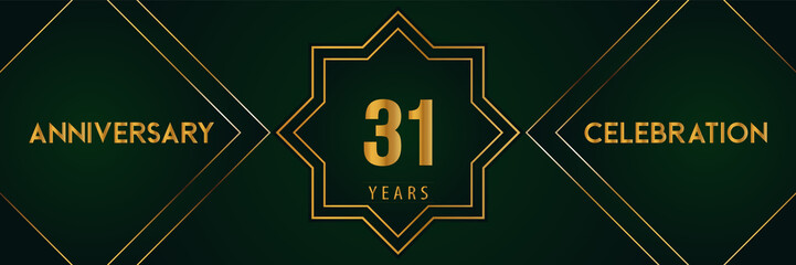 31 years anniversary celebration with gold number isolated on a dark green background. Premium design for marriage, graduation, birthday, brochure, poster, banner, and ceremony. Anniversary logo.
