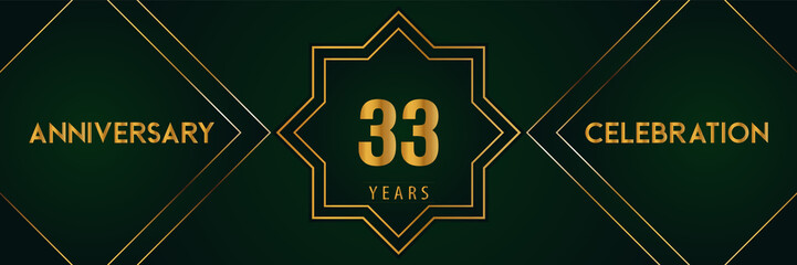 33 years anniversary celebration with gold number isolated on a dark green background. Premium design for marriage, graduation, birthday, brochure, poster, banner, and ceremony. Anniversary logo.