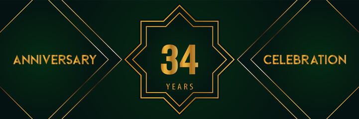 34 years anniversary celebration with gold number isolated on a dark green background. Premium design for marriage, graduation, birthday, brochure, poster, banner, and ceremony. Anniversary logo.