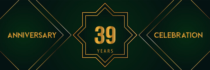 39 years anniversary celebration with gold number isolated on a dark green background. Premium design for marriage, graduation, birthday, brochure, poster, banner, and ceremony. Anniversary logo.