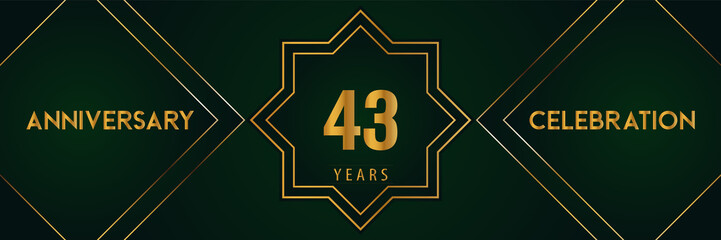 43 years anniversary celebration with gold number isolated on a dark green background. Premium design for marriage, graduation, birthday, brochure, poster, banner, and ceremony. Anniversary logo.