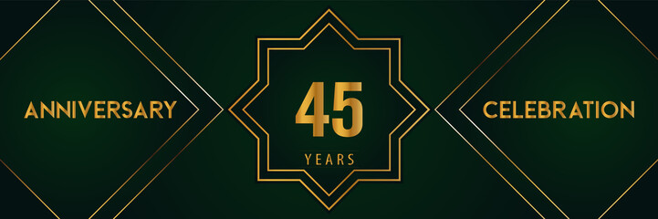 45 years anniversary celebration with gold number isolated on a dark green background. Premium design for marriage, graduation, birthday, brochure, poster, banner, and ceremony. Anniversary logo.