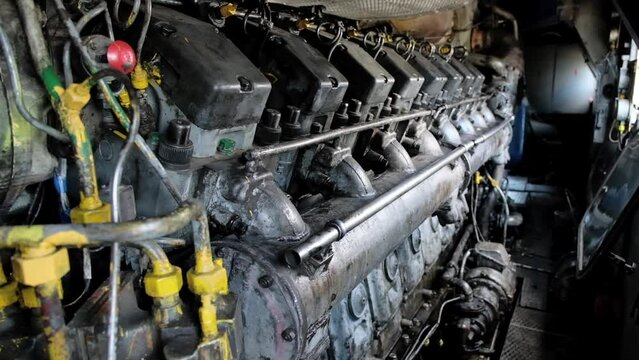 Diesel engine of diesel locomotive close-up. Railway transport.