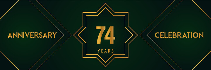 74 years anniversary celebration with gold number isolated on a dark green background. Premium design for marriage, graduation, birthday, brochure, poster, banner, and ceremony. Anniversary logo.