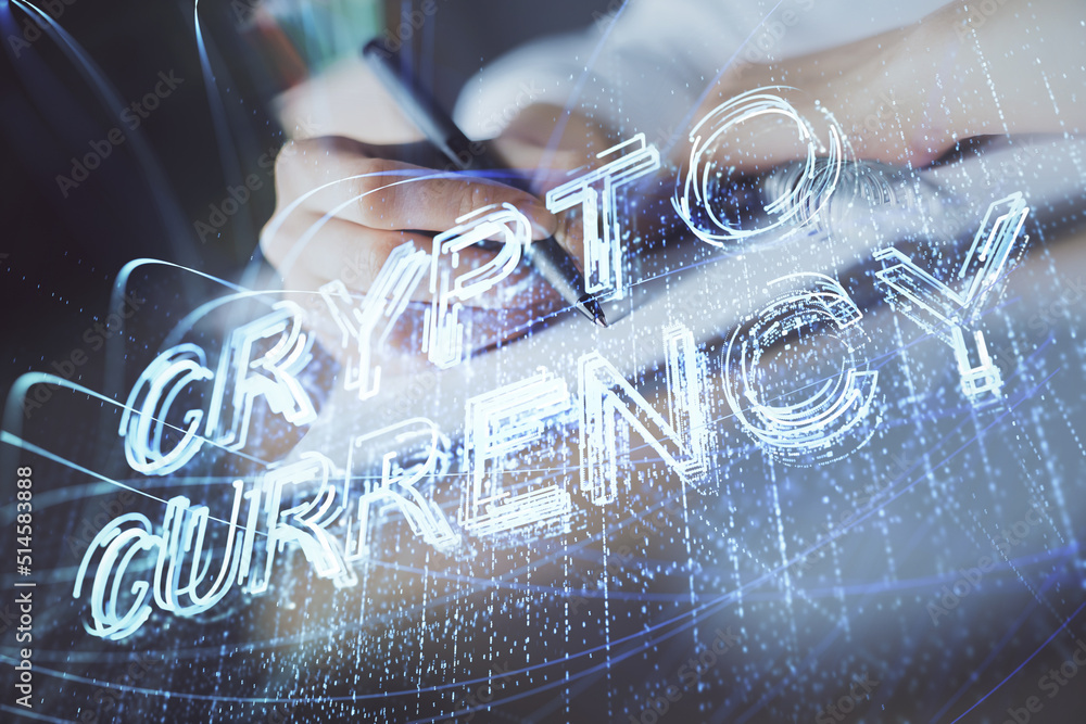 Poster cryptocurrency hologram, bitcoin, ico theme over hands taking notes background. concept of blockchai