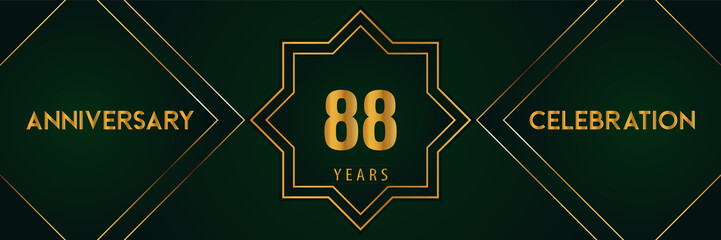 88 years anniversary celebration with gold number isolated on a dark green background. Premium design for marriage, graduation, birthday, brochure, poster, banner, and ceremony. Anniversary logo.