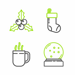 Set line Christmas snow globe with fallen snow, Coffee cup, stocking and Branch viburnum or guelder rose icon. Vector