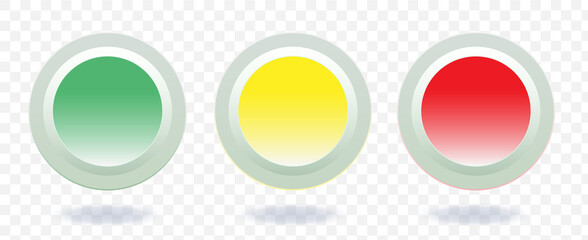 mockup buttons, green, yellow, red. Traffic light signs, color scale. 3d signs in the form of round buttons for apps and websites. Stock Vector illustration