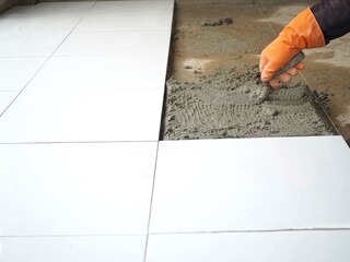 Laying floor ceramic tile. construction workers laying tile over concrete floor using tile levelers, notched trowels and tile mortar.