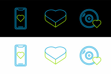Set line Romantic music, Mobile phone with heart and Candy in shaped box icon. Vector