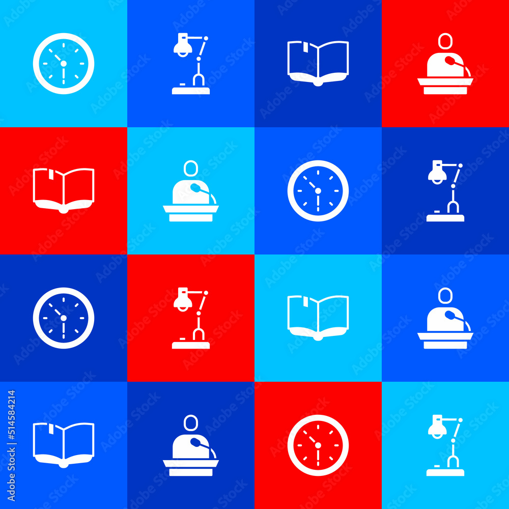 Poster set clock, table lamp, open book and gives lecture icon. vector