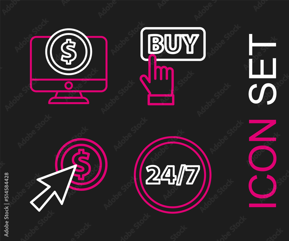 Poster Set line Clock 24 hours, Cursor and coin, Buy button and Computer monitor with dollar icon. Vector