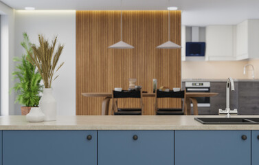 cooking room with a dinning table - wall. 3D rendering.