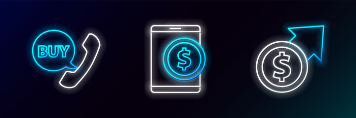 Set line Financial growth and coin, Phone speech bubble with Buy and Tablet dollar icon. Glowing neon. Vector