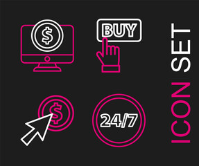 Set line Clock 24 hours, Cursor and coin, Buy button and Computer monitor with dollar icon. Vector