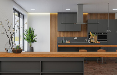 cooking room with a dinning table - wall. 3D rendering.