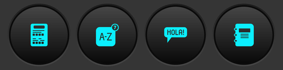 Set Exam sheet, Online translator, Hola different languages and Notebook icon. Vector © vector_v