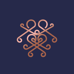 Deco design logo. Abstract sign isolated on dark background. Decorative, ornamental icon elements. Ornate symbol for business, brand identity. Filigree emblem, luxury style illustration graphic.
