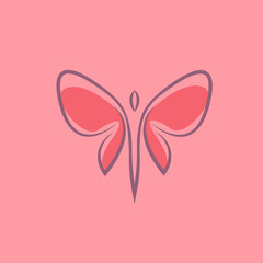 Butterfly logo. Decorative wings outline illustration. Ornamental insect icon isolated on pink background. Elegant, ornate, luxury, beauty, spa style.