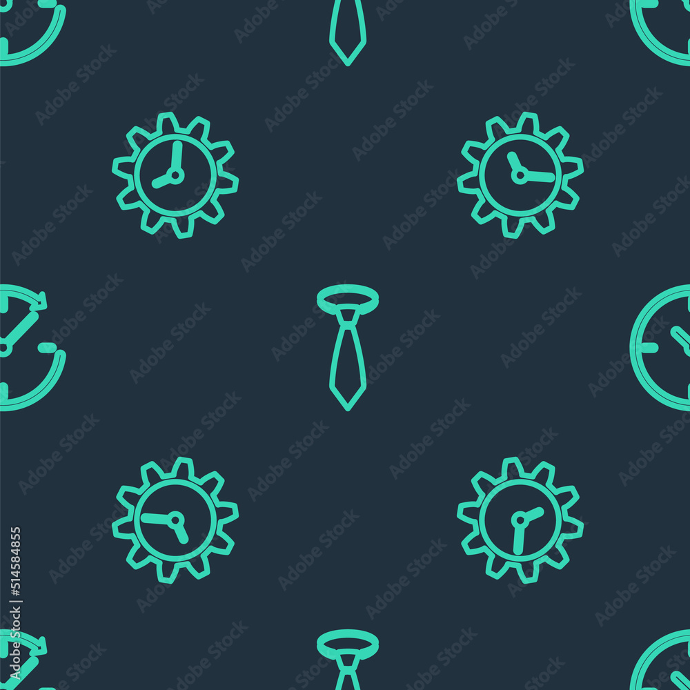 Poster set line tie, time management and clock with arrow on seamless pattern. vector