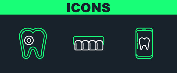 Set line Online dental care, Tooth with caries and Dentures model icon. Vector