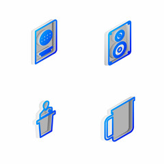 Set Isometric line Stereo speaker, Passport, Speaker and Coffee cup icon. Vector