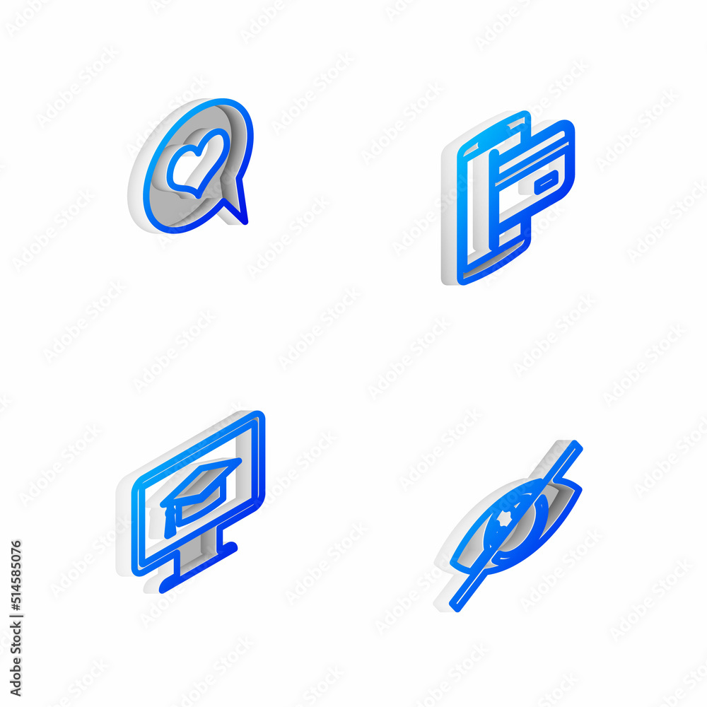 Poster set isometric line nfc payment, heart in speech bubble, monitor with graduation cap and invisible hi