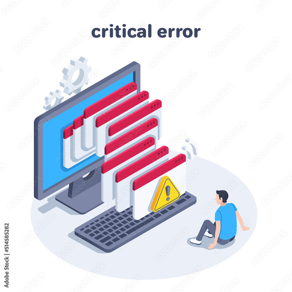 Poster isometric vector illustration on a white background, a critical error in opening windows on a comput